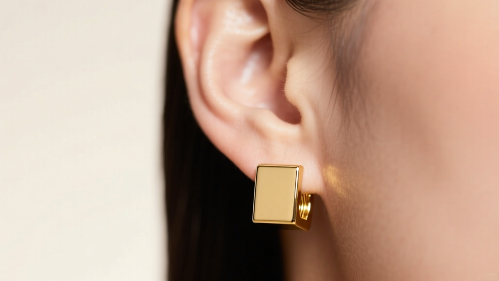Macro shot of an earlobe wearing 14k gold square huggie earrings, showing sharp geometric edges against soft skin in studio light.