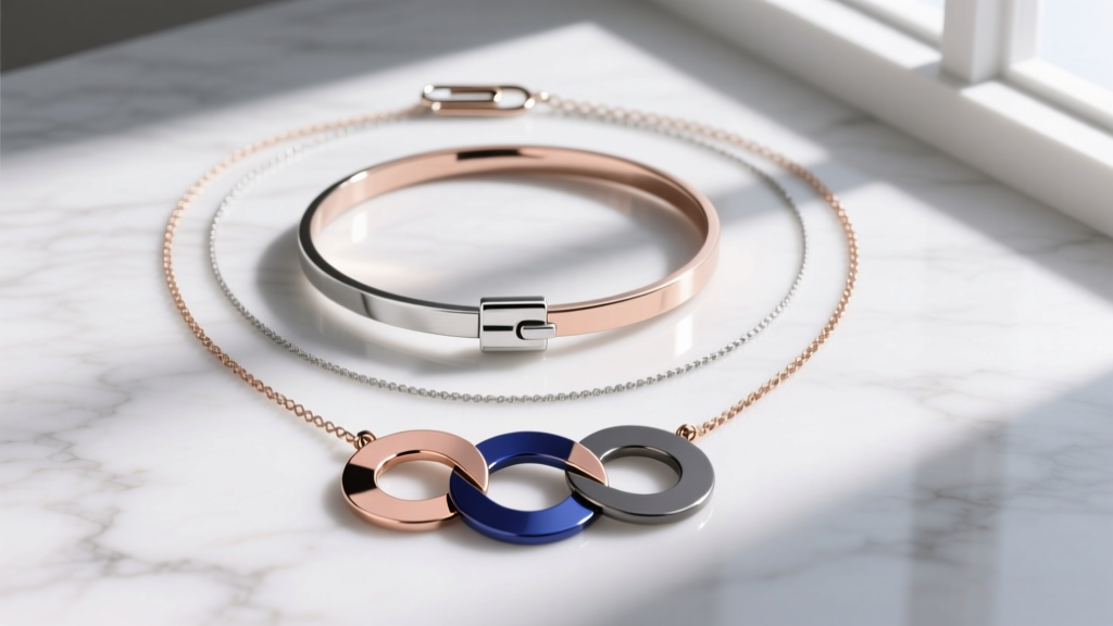 Layered necklaces showing a choker, an 18-inch three circle pendant, and a paperclip chain, flat lay on a white marble surface
