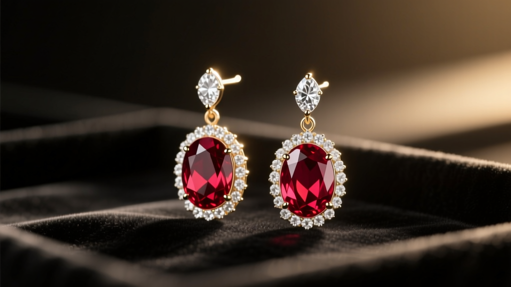 Elegant oval-cut ruby drop earrings surrounded by a diamond halo, displayed on dark velvet with soft, dramatic jewelry lighting.