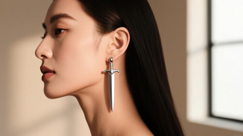 Side profile of a woman wearing a medium silver sword dangle earring, showing the hilt resting perfectly against her bare earlobe.