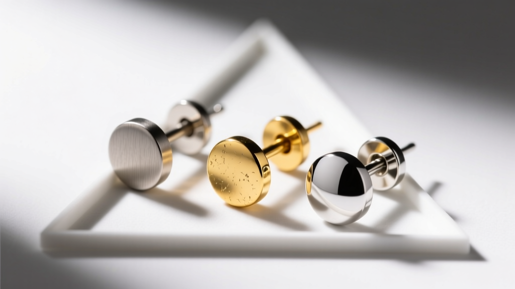 Macro shot of three earring posts: matte niobium, 14k yellow gold, and mirror titanium, highlighting surface textures.