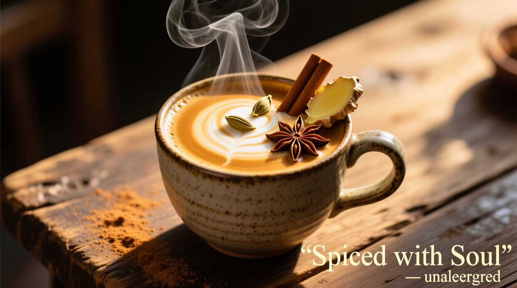 Steaming cup of golden chai latte with spice ingredients