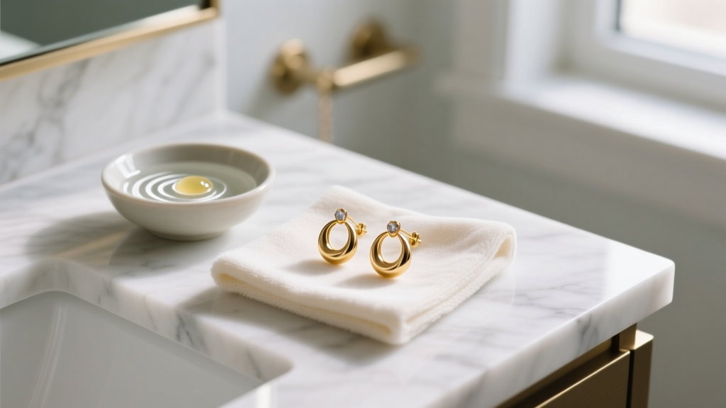 Jewelry cleaning setup with microfiber cloth, mild soap, and gold-plated earrings, avoiding harsh chemicals on a marble vanity.