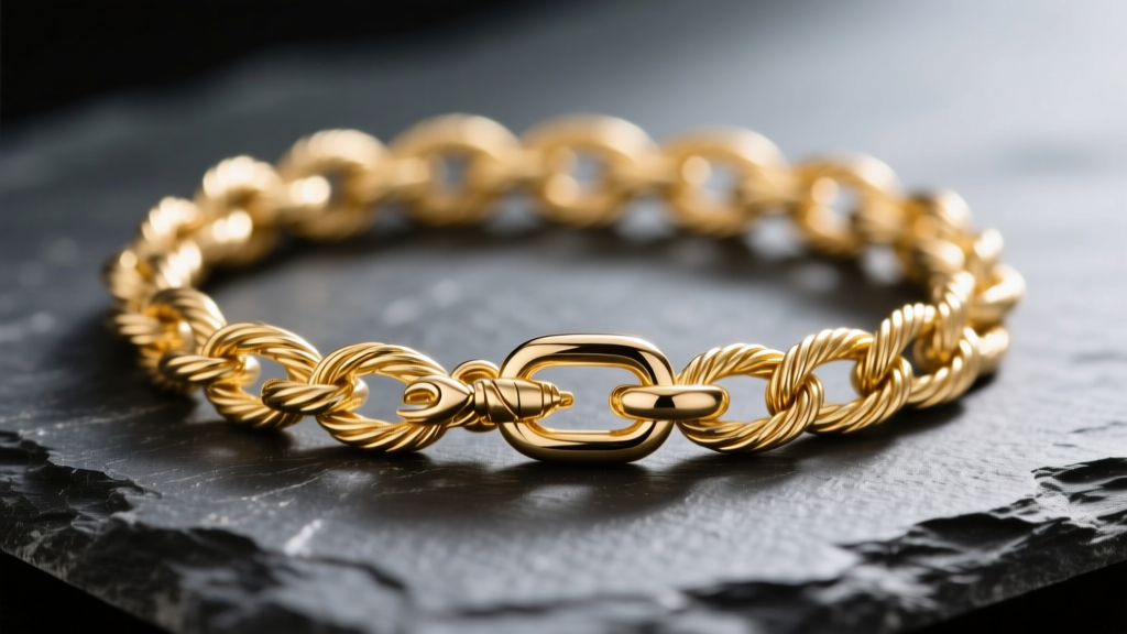 Close-up of an 18k gold vermeil cable chain on dark slate, showing precise link soldering and a small lobster clasp.