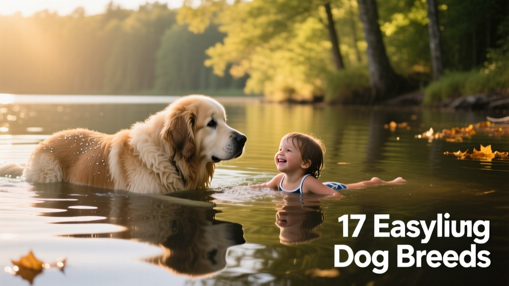 A massive but gentle Newfoundland swimming alongside a child in a calm lake