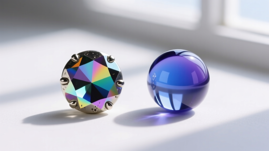 Macro comparison of a genuine mid-century AB rhinestone showing metallic vapor coating versus a modern reproduction glass bead.