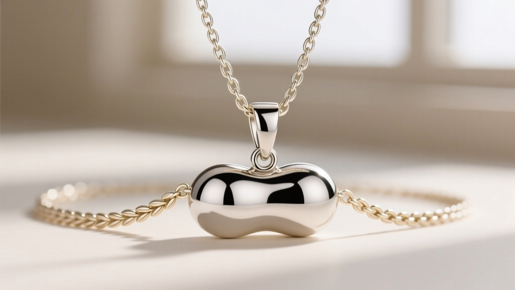 1.5mm white gold wheat chain threading through the reinforced hidden bail of a highly polished sterling silver peanut pendant.