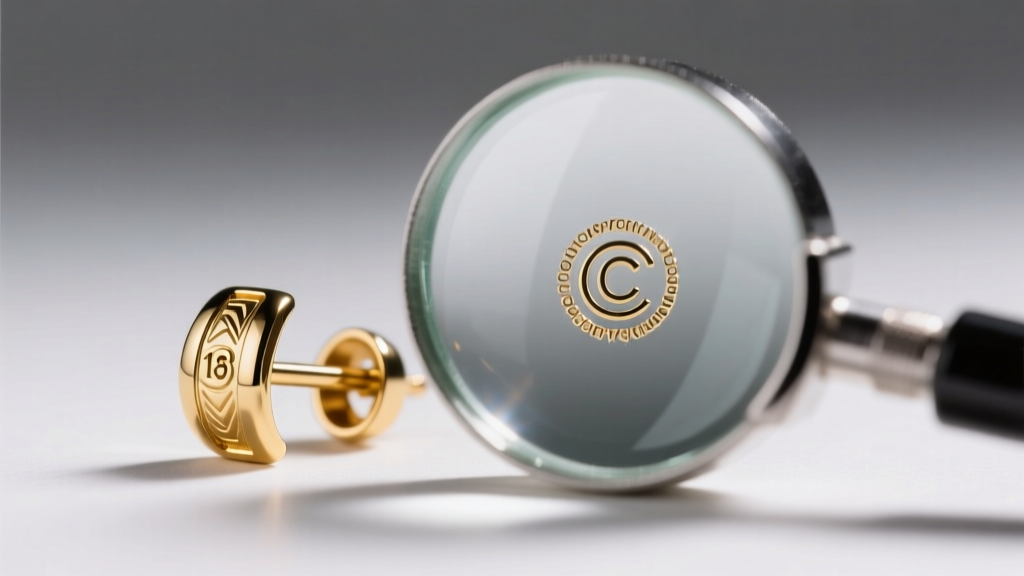 Close-up of an 18-gauge gold earring post and friction back next to a loupe inspecting a micro-engraved copyright symbol