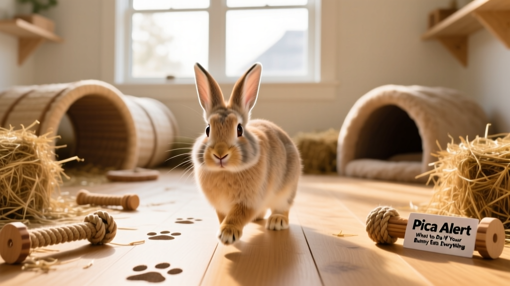 Rabbit exploring a spacious, enriched indoor habitat with tunnels, hay piles, and chew toys