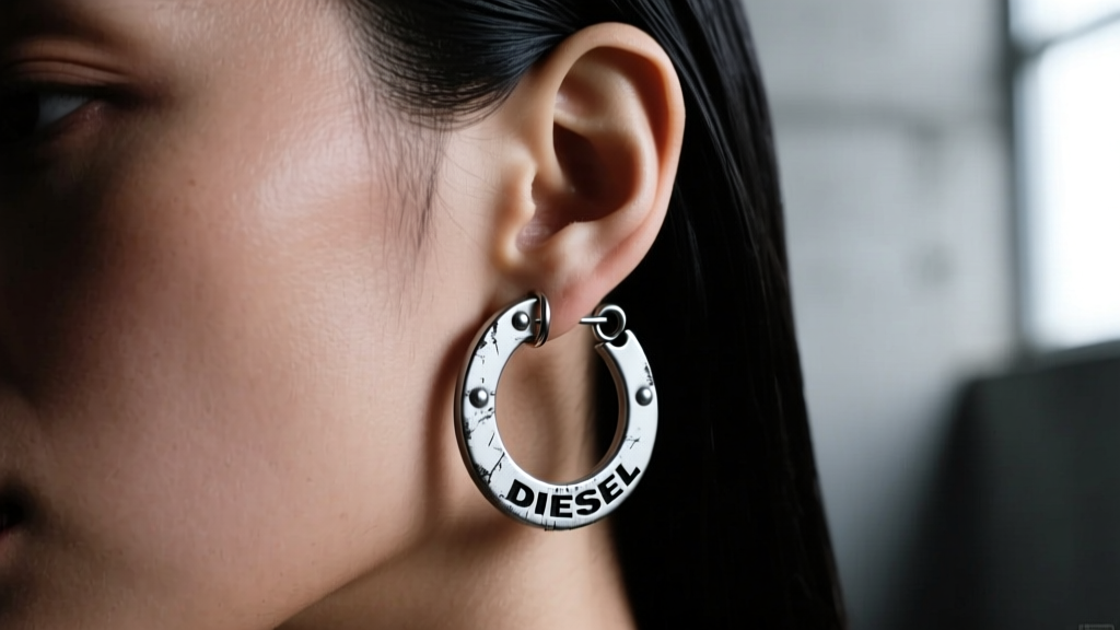 Close-up of silver Diesel safety-pin hoop earrings on a model, moody lighting highlighting the industrial grunge metal texture.