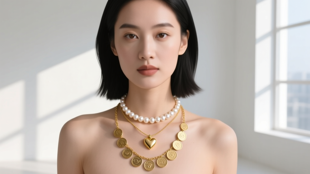 Woman wearing a layered stack featuring a 14-inch pearl choker, a 16-inch forever love pendant, and an 18-inch gold coin chain.