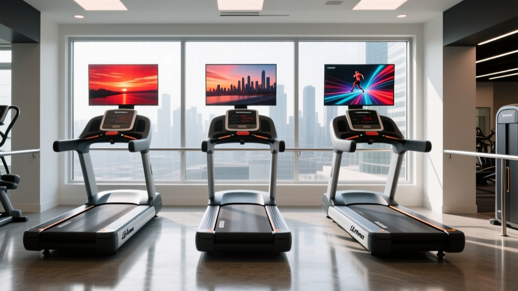 Commercial gym floor featuring three Life Fitness Integrity Series+ treadmills with integrated cardio theater screens