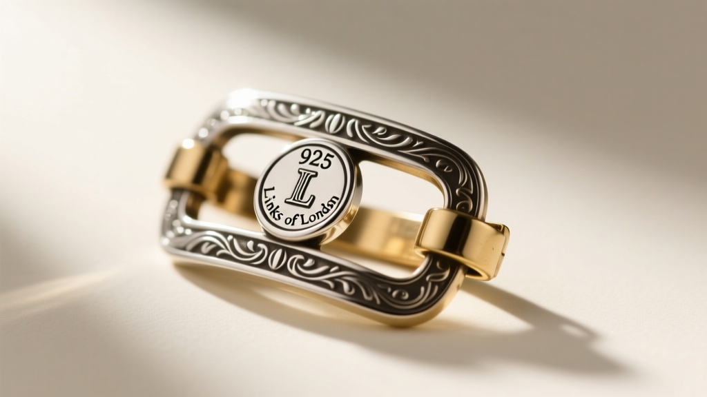 Macro view of 925 silver hallmark and Links of London stamp on a vintage clasp, lit by a bright jeweler's inspection loupe