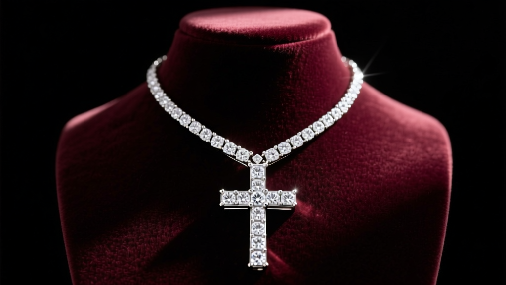 Platinum pavé diamond cross necklace on dark velvet bust, studio lighting emphasizing gemstone sparkle and polished metal