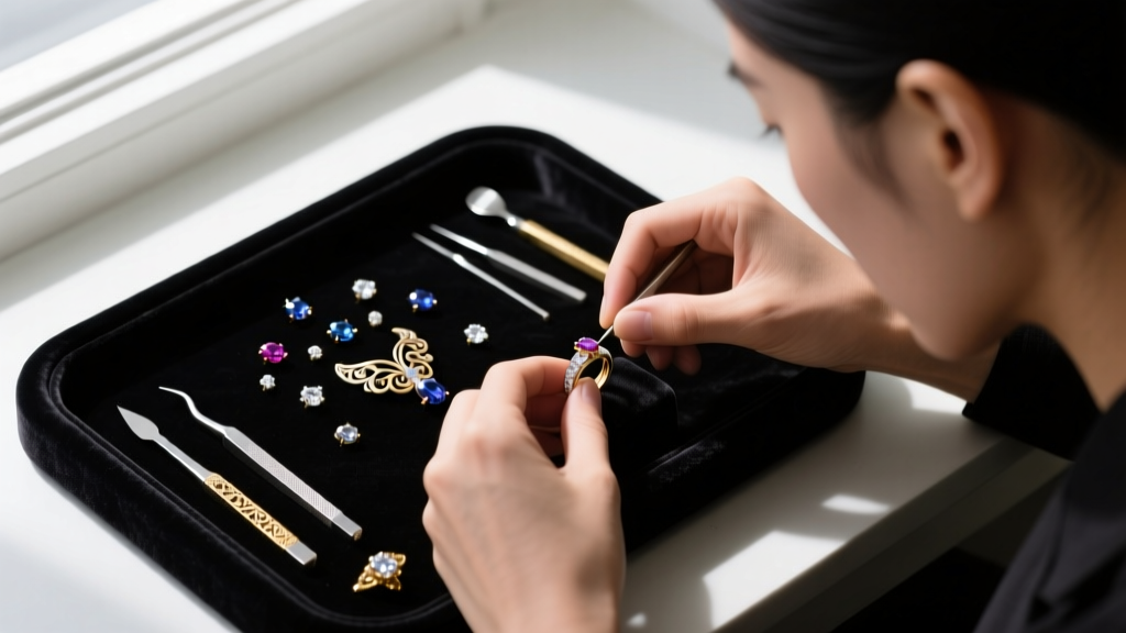 Overhead view of a jeweler's bench pin, flush cutters, and a digital caliper measuring a piece of raw Argentium silver wire.