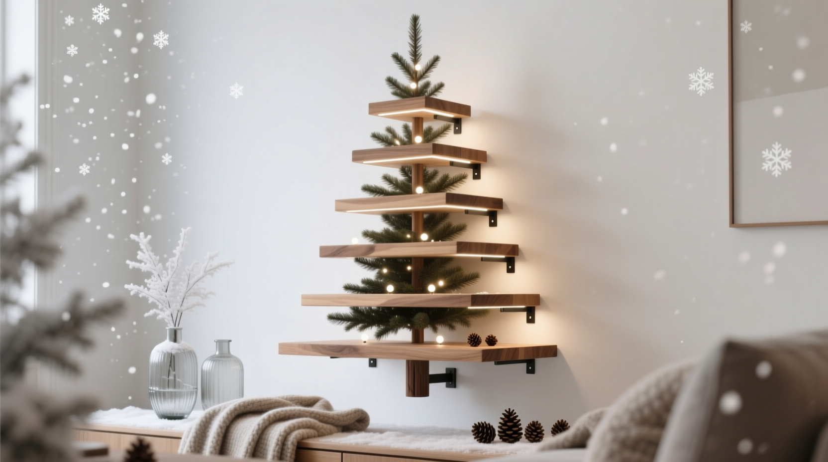how to make a floating shelf christmas tree with staggered tiers and hidden brackets