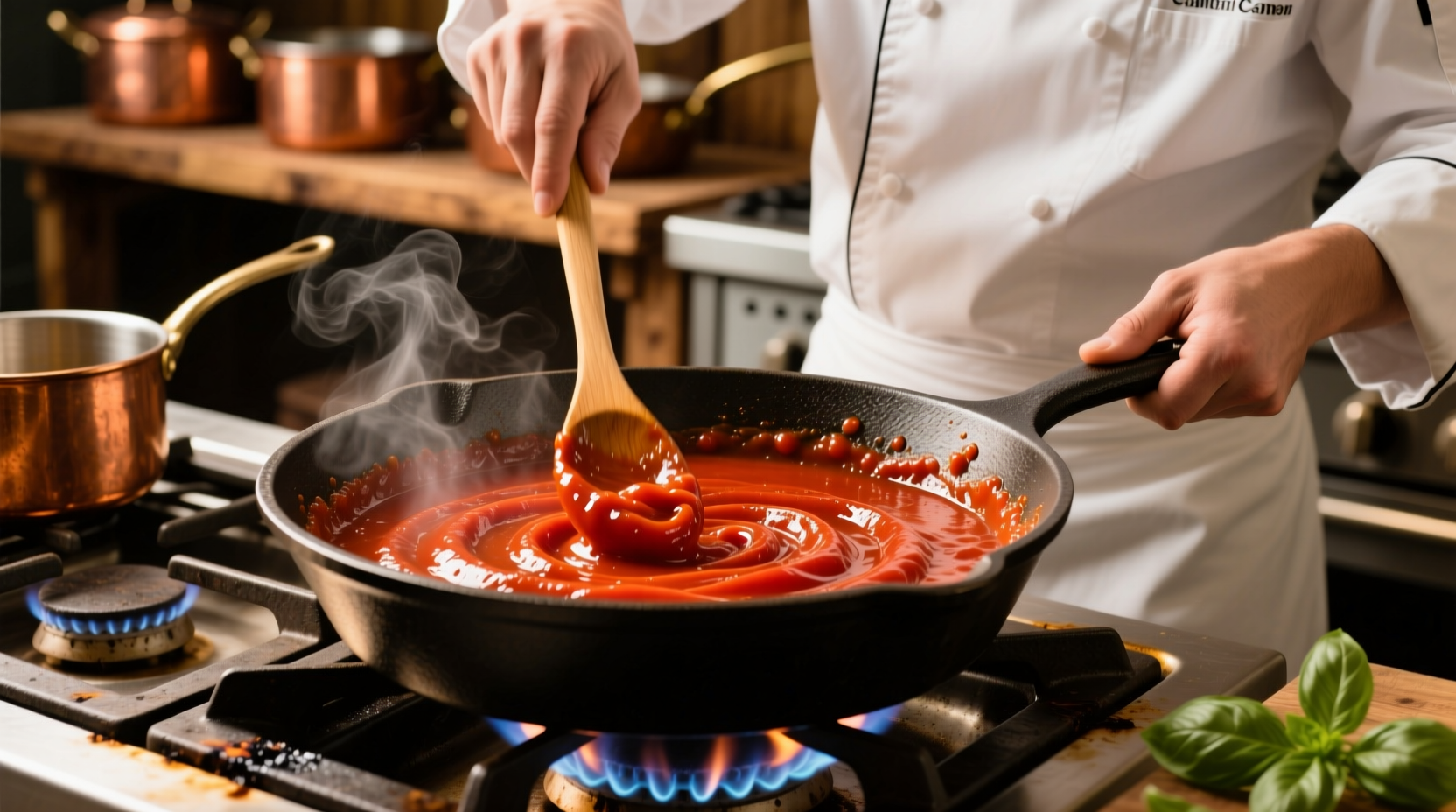 Chef stirring tomato paste in skillet