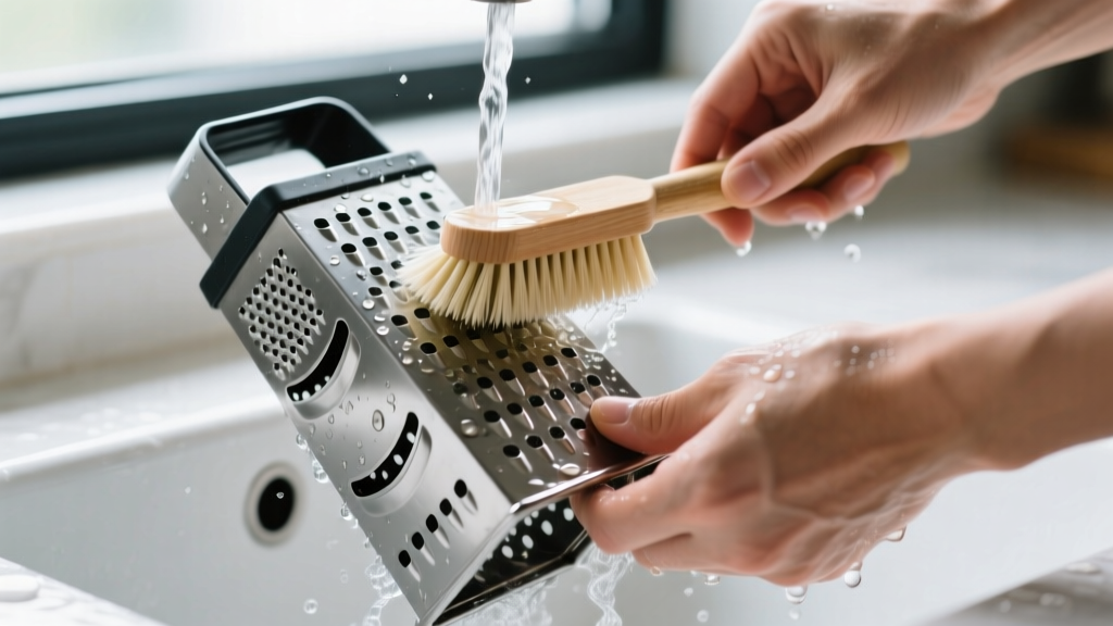 Hands cleaning a micro-serrated kitchen grater under running water with a stiff brush to demonstrate proper edge maintenance