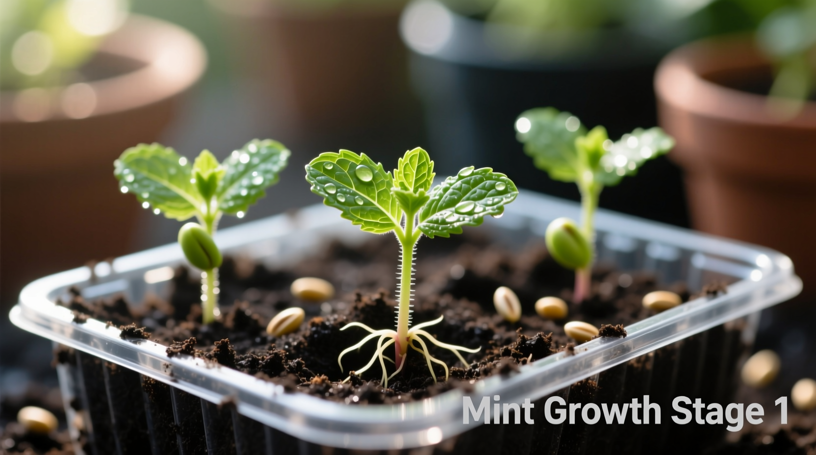Close-up of mint seedlings emerging from soil in seed tray