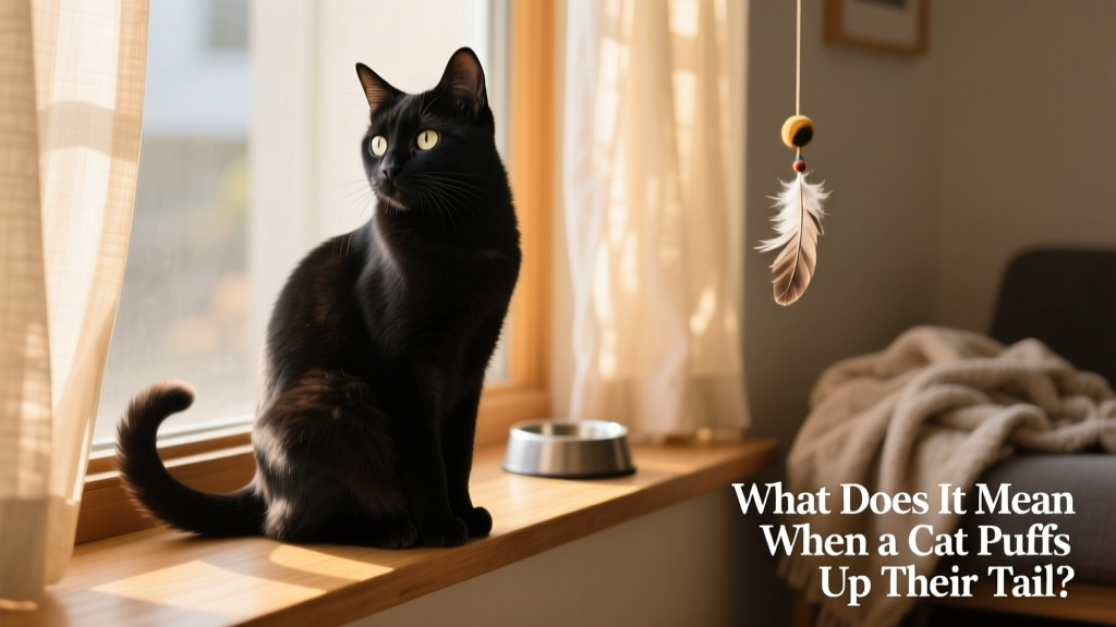 A relaxed but alert cat sitting upright, tail gently puffed at the base as it watches something off-camera