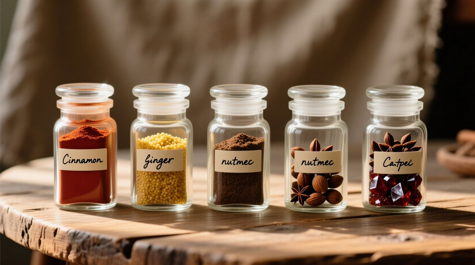 Five glass spice jars with cinnamon, ginger, nutmeg, cloves, and allspice