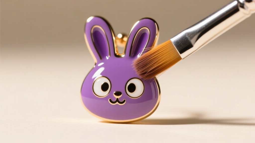 A soft-bristled micro brush gently cleaning the painted purple enamel of a cartoon rabbit earring under bright, warm studio lighting.
