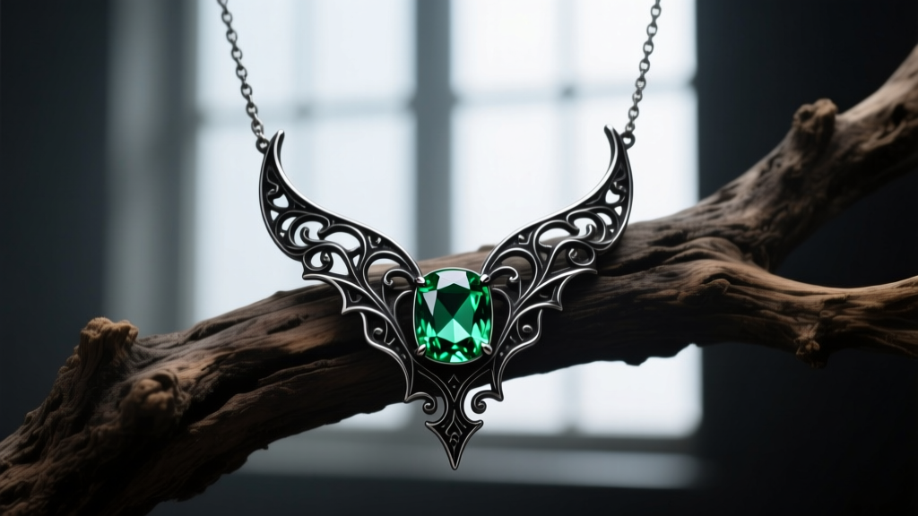 Blackened silver elven necklace holding a faceted lab-grown green sapphire, displayed on a raw oak branch in moody lighting.