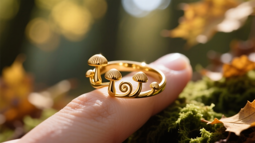 Macro view of a 14k gold fairy ring band with tiny mushroom motifs wrapping around a finger under soft, dappled woodland lighting.