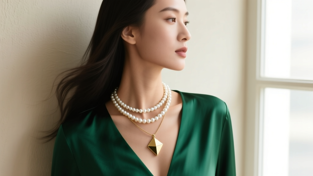 Side profile of a woman wearing a layered 16-inch pearl choker and 22-inch matte gold pendant over a deep V-neck silk blouse