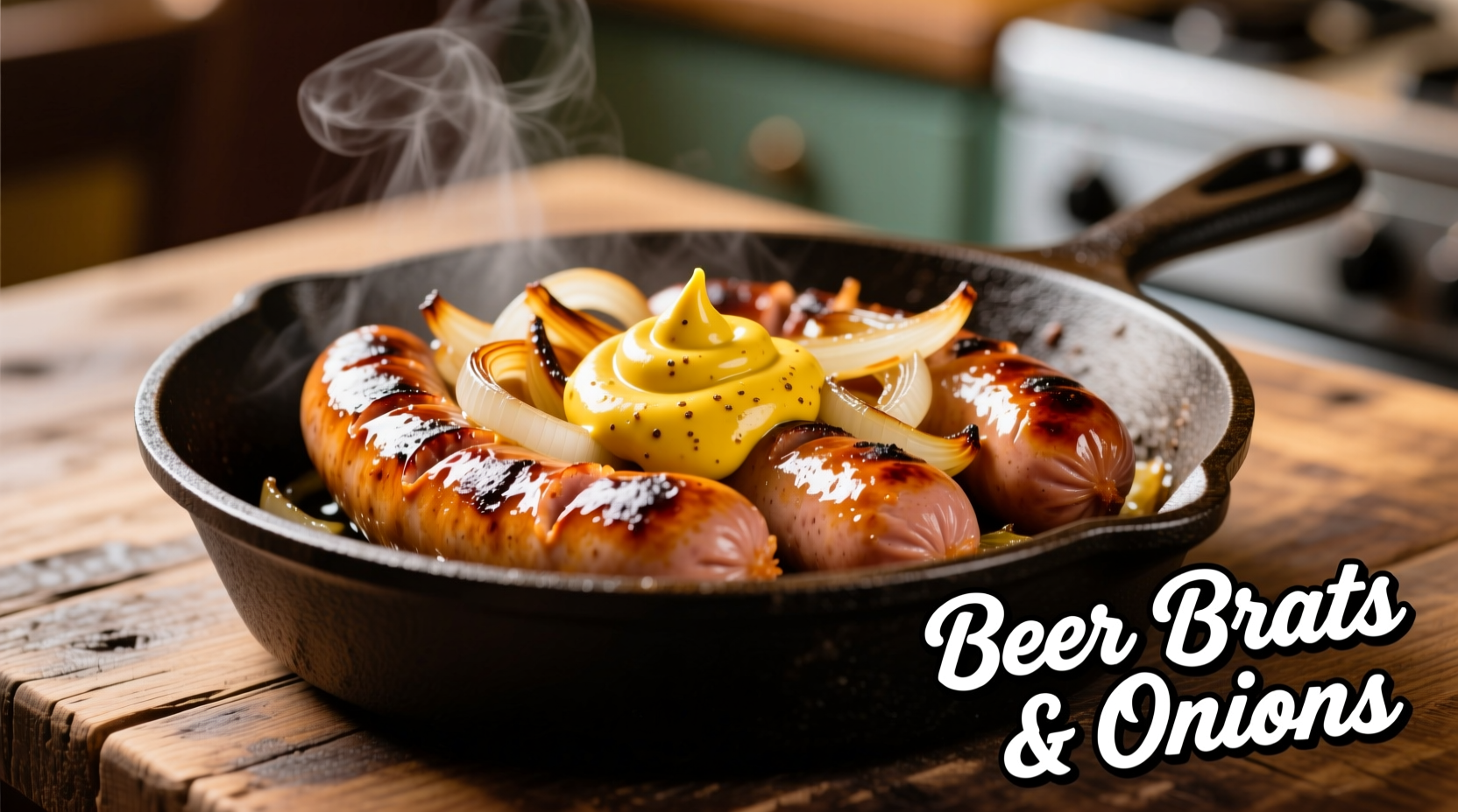 Perfectly cooked beer brats with onions and mustard