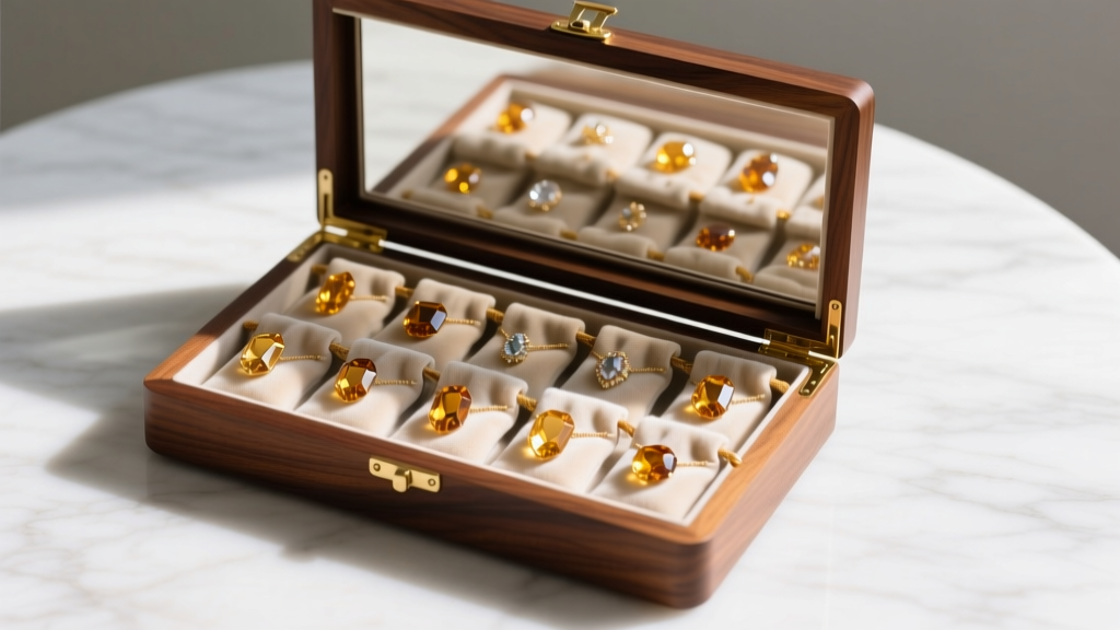 Open UV-blocking wooden jewelry box displaying citrine crystal jewelry pieces separated into individual soft microfiber pouches.