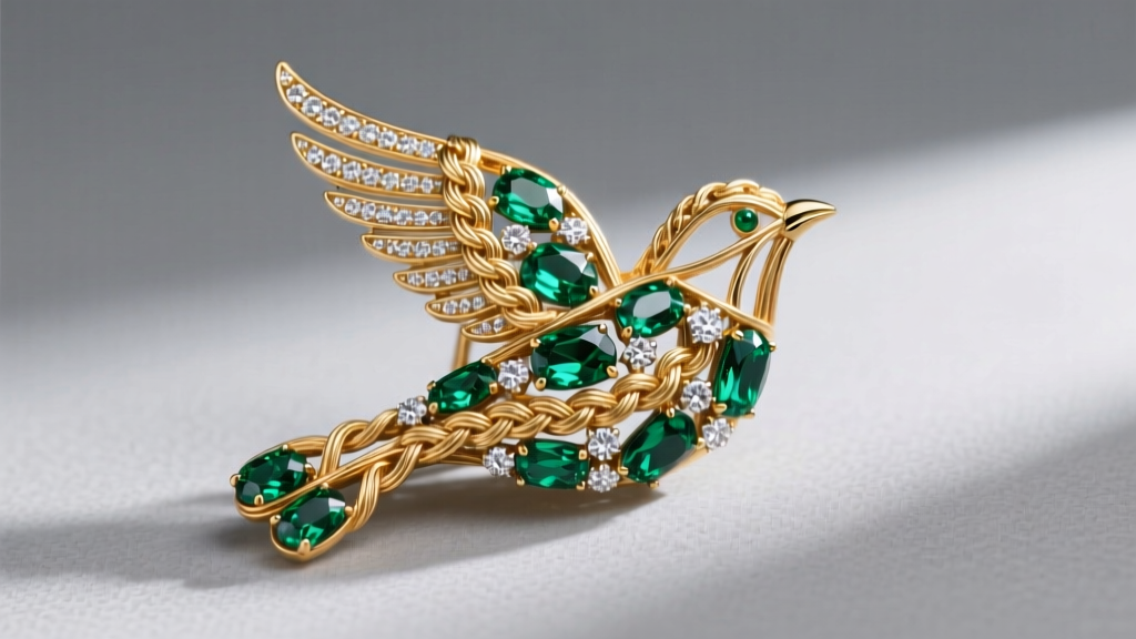 Close-up of a Pierre Sterlé vintage bird brooch with braided 18k gold wire, emeralds, and diamonds on a soft grey background.