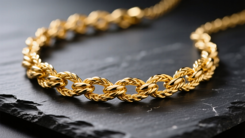 Macro shot of a tangled 14k yellow gold rope chain necklace on dark slate, illuminated by soft directional studio lighting