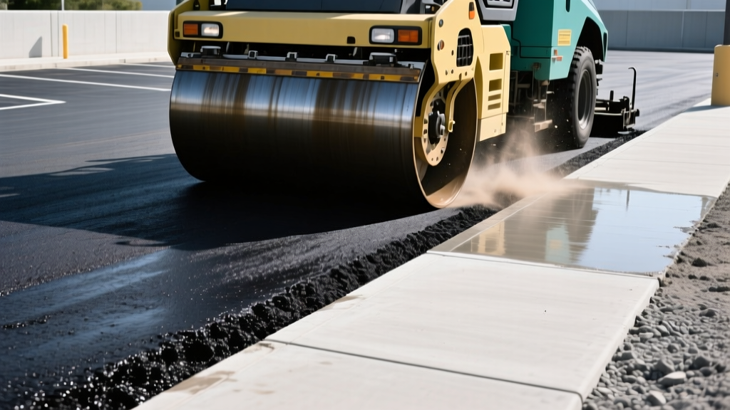 Heavy machinery paving a commercial parking lot with dark hot mix asphalt adjacent to a finished light gray concrete sidewalk