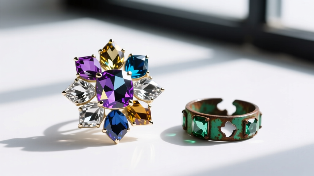 Pristine designer crystal brooch displayed next to a corroded fast-fashion zinc alloy ring missing several of its simulant stones
