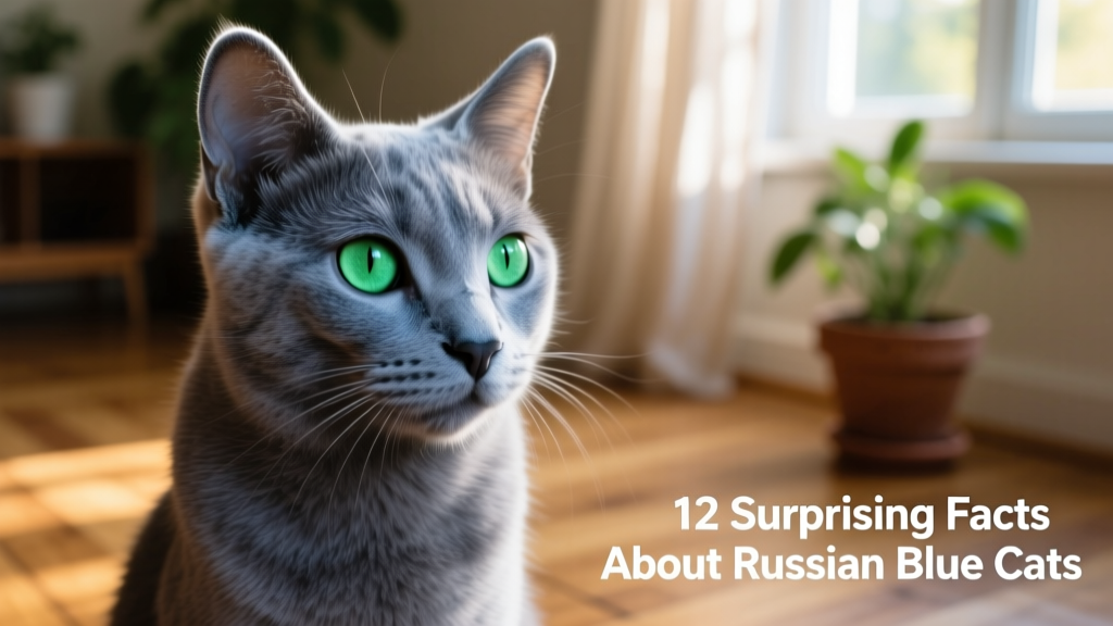 A close-up portrait of a Russian Blue cat showing its distinctive green eyes and silver-blue double coat