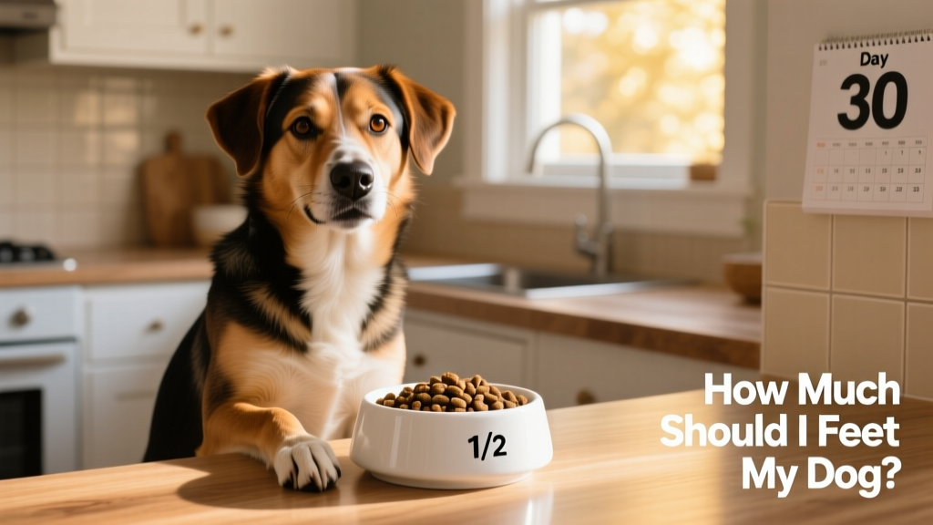 A happy, healthy adult dog sitting beside a clean bowl with measured kibble