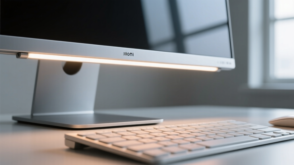 Close up of Xiaomi Mi Computer Monitor Light Bar 1S mounted on a 27-inch IPS panel illuminating the keyboard without screen glare
