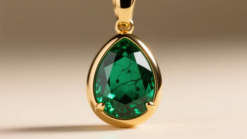 Close-up of a bezel-set emerald drop pendant showing the smooth 14k gold rim protecting the fragile girdle of the gemstone