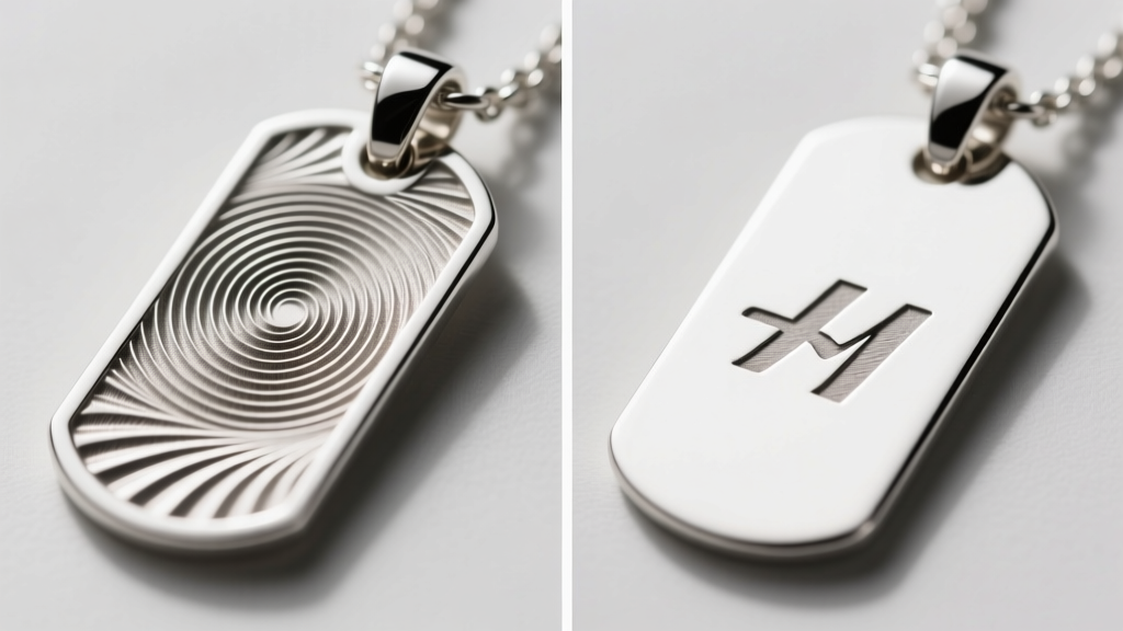 Macro shot comparing deep rotary engraving and shallow laser engraving side-by-side on a sterling silver identity necklace tag.