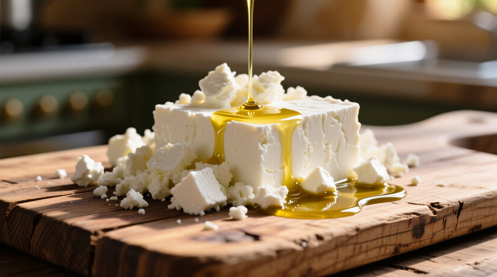 White feta cheese crumbles on wooden board with olive oil