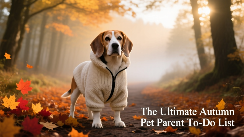 A senior beagle wearing a soft fleece jacket, standing on a misty morning trail with fallen orange and red leaves
