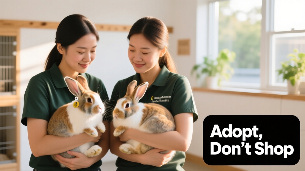 Two volunteers gently holding rabbits at a clean, sunlit shelter with labeled adoption signage