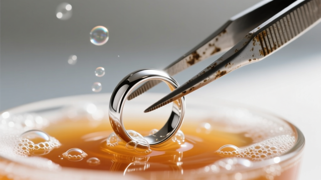 Close-up of tarnished silver tweezers lifting a bright, freshly cleaned silver ring from a bubbling hot baking soda solution