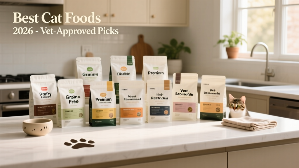 A variety of premium dry and wet cat food packages arranged neatly on a clean kitchen counter