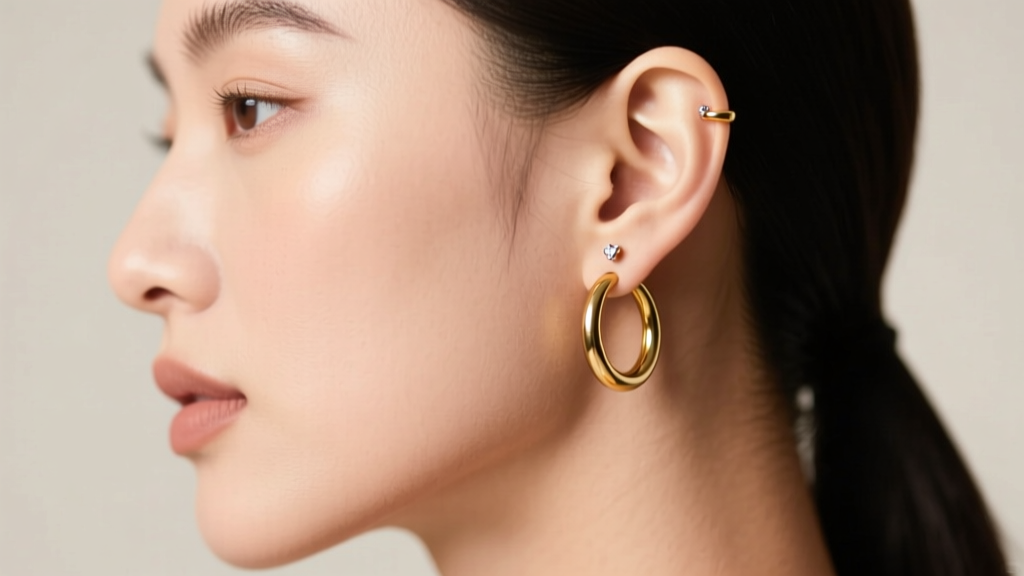 Side profile of a model wearing perfectly sized 10mm inner diameter gold huggie hoops in the upper lobe and lower helix piercings