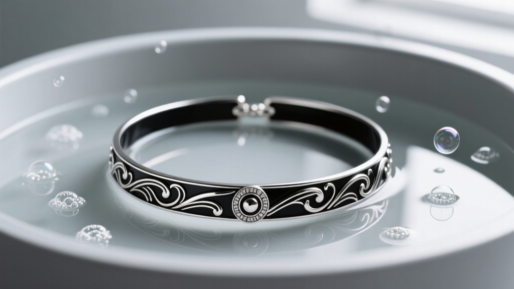 A 14-inch blackened sterling silver choker necklace resting in a shallow ultrasonic jewelry cleaner bath with gentle bubbles.