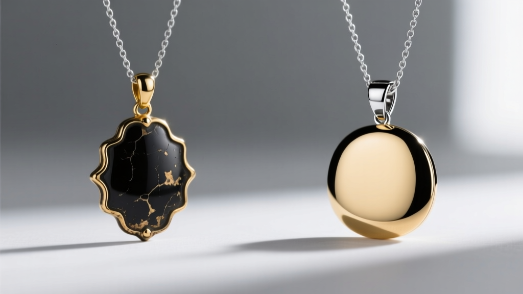 Side-by-side comparison of a faded black gold vermeil pendant and a pristine black rhodium 14k gold pendant on a gray backdrop