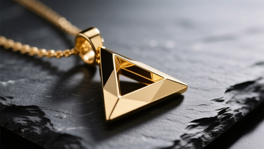 Macro shot of an 18k recycled gold geometric triangle pendant on dark slate, highlighting warm luster and precise polished edges.