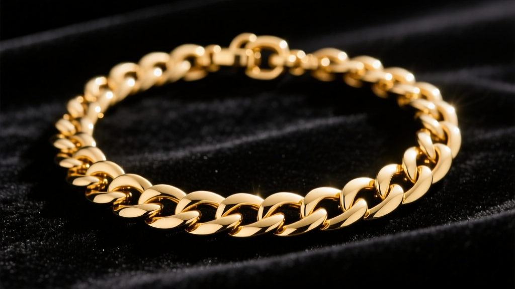 Macro shot of a heavy 18k gold Cuban link necklace on dark velvet, showing interlocking flat links and a secure lobster clasp